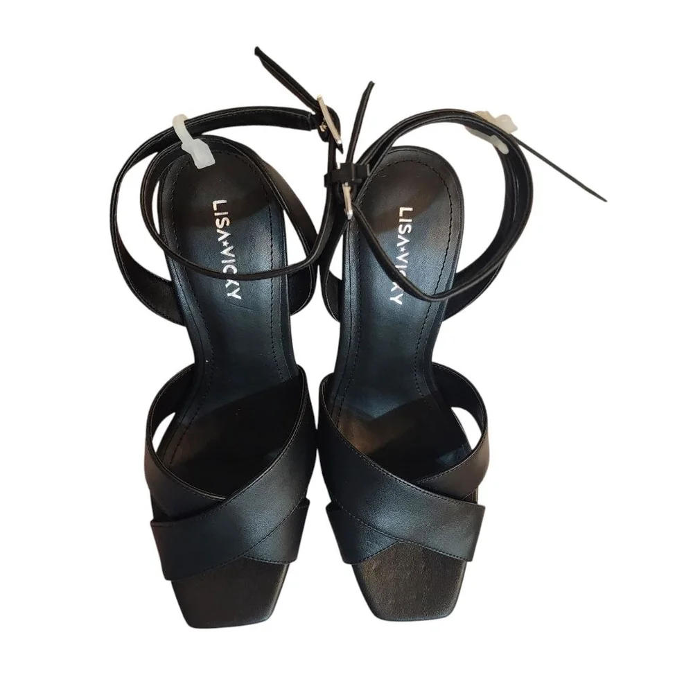 Lisa Vicky Black Leather Platform Strappy Heels Size 8.5, Nordstrom. New in box